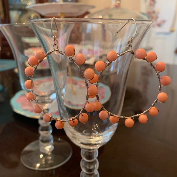 Sterling Silver Pink Coral Loop earrings - Picture 3 of 4